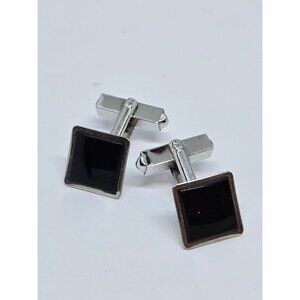 Vintage Swank Modernist Enamel Black & Silver Tone Square Cufflinks Pair Retro